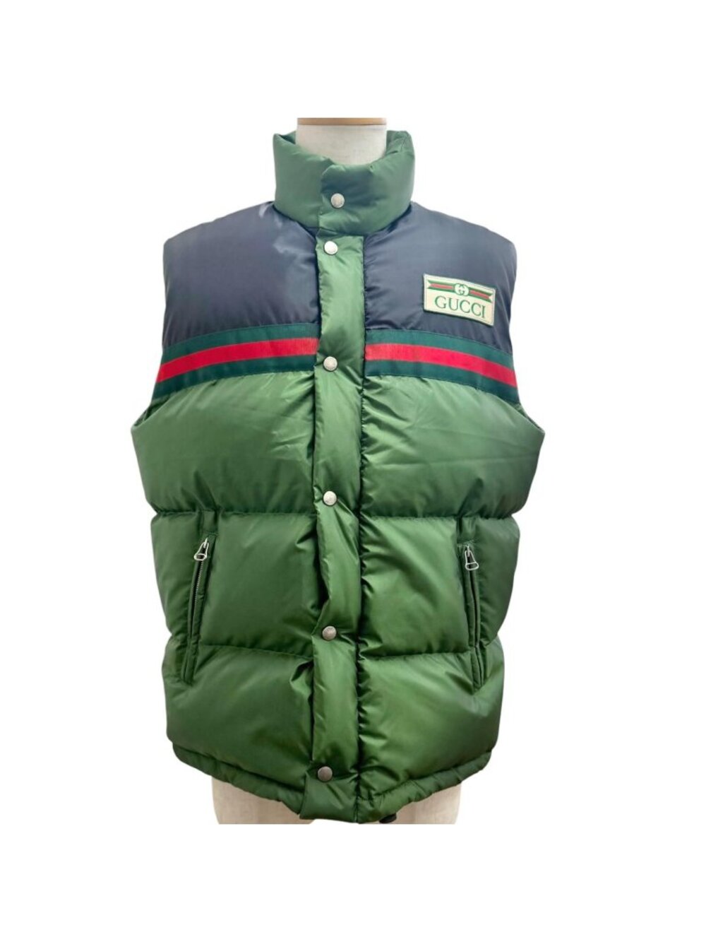 Gucci Web Stripe Logo Patch Zipup Down Vest Gilet Green Black 44